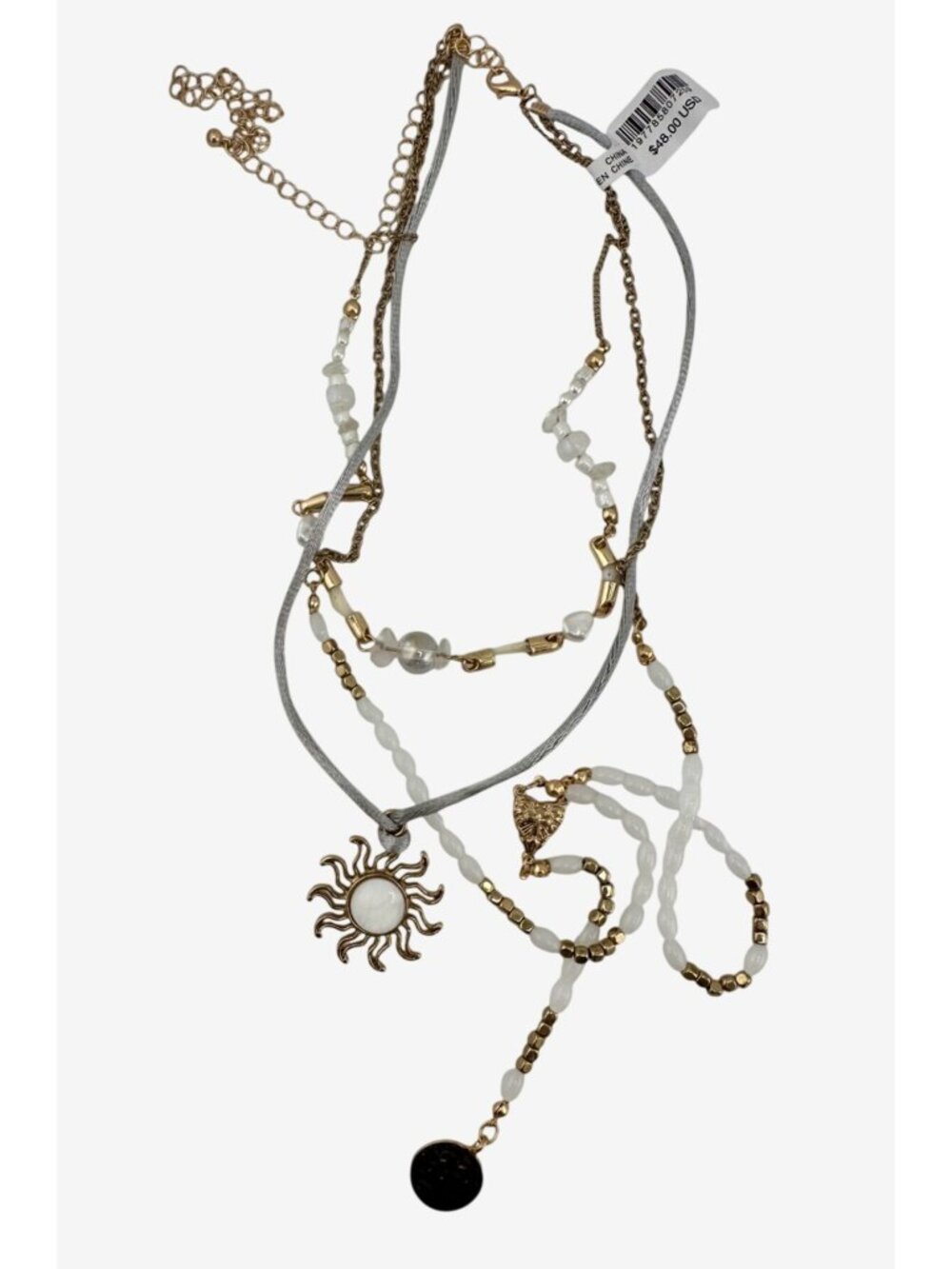 Free People Gold & White Multi-Layered Necklace With Sun Pendant & Beads